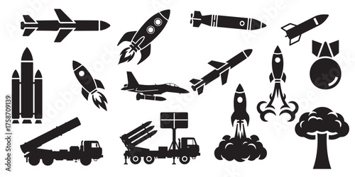 Military and aerospace technology icon collection. Vector glyphs of rocket launchers, spacecraft, missiles, and nuclear explosion.
