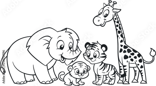Cute Cartoon Baby Safari Animals Line Art: Elephant, Giraffe, and Tiger Cubs for Kids Design
