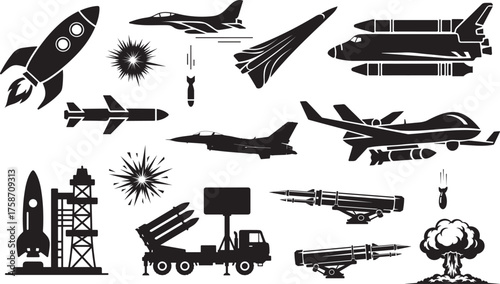Aerospace and military arsenal icon set. Vector glyphs of fighter jets, drones, the space shuttle, and strategic weapons.
