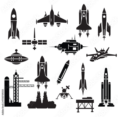 Aerospace and military arsenal icon set. Vector glyphs of fighter jets, drones, the space shuttle, and strategic weapons.

