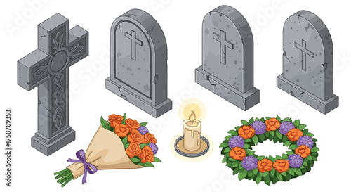 Honor loved ones with gravestones, flowers, and a glowing candle, creating a peaceful memorial display, perfect for remembrance and heartfelt sympathy