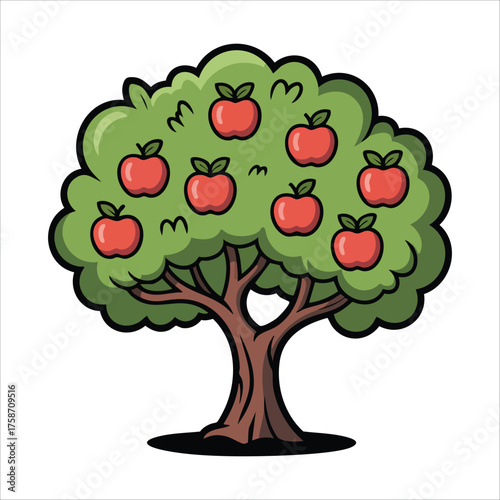 simple apple tree with green leaves and red fruits vector art isolated on white background