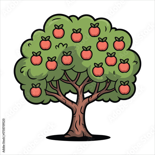 simple apple tree with green leaves and red fruits vector art isolated on white background