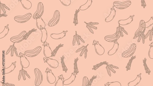 Seamless pattern featuring eggplants, beans, and cucumbers on a pink background. Ideal for kitchen decor, culinary designs, textiles, and stationery.