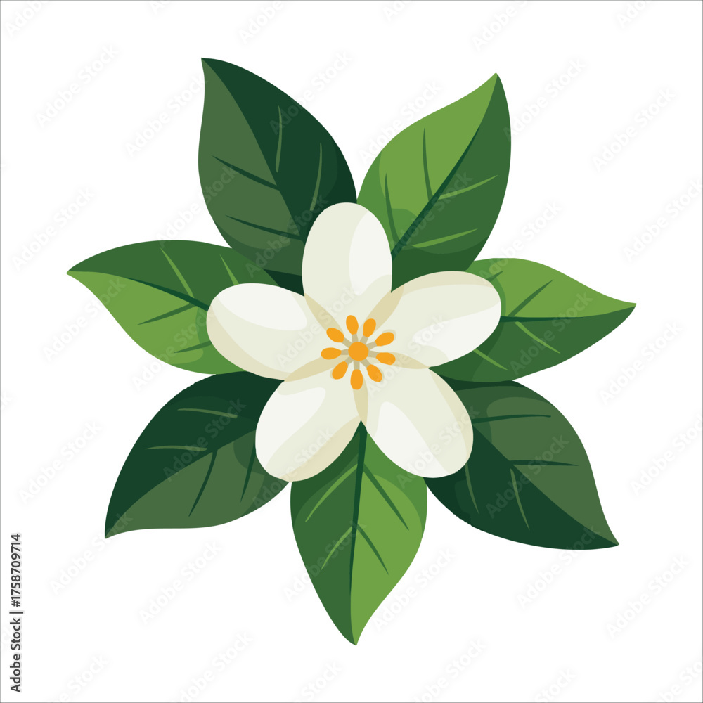 Obraz premium white jasmine blossom with green leaves vector art isolated on white background