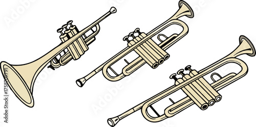 Highly detailed golden brass trumpets arranged in different angles, realistic reflections, metallic shine, professional studio lighting, white transparent background, ultra-realistic photography style