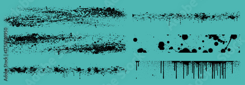 Collection of six different long paint splatters with splashes and dripping effects, chaotic blots, fragmented elements