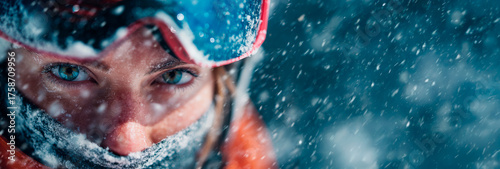 Winter athlete wearing ski goggles in a snowstorm with copy space: Winter Olympics and extreme sports concept