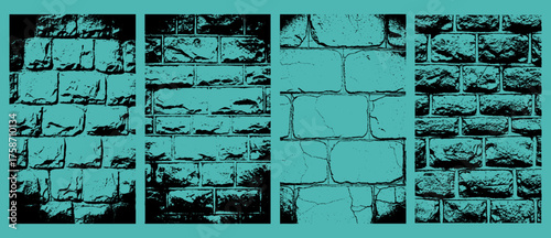 Four distressed stone wall texture panels with different patterns of rough, weathered bricks and blocks
