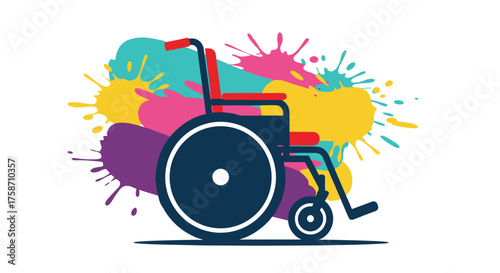 Vibrant wheelchair illustration promoting accessibility and inclusion with a playful splash of bright, cheerful colors conveying hope and support for disability