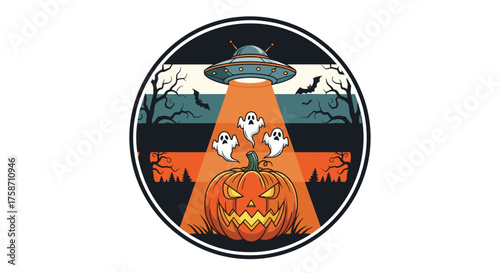 Halloween design featuring a playful UFO beaming ghosts onto a grinning jack-o'-lantern in a retro-inspired, festive scene