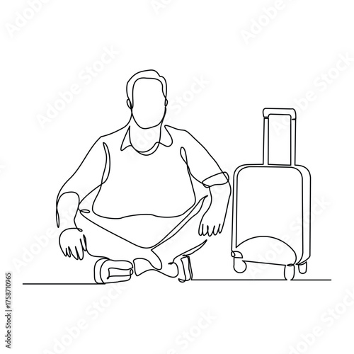 Continuous line of male traveler with luggage. Sketch drawing editable stroke of tourist walking with suitcase. Vector illustration
