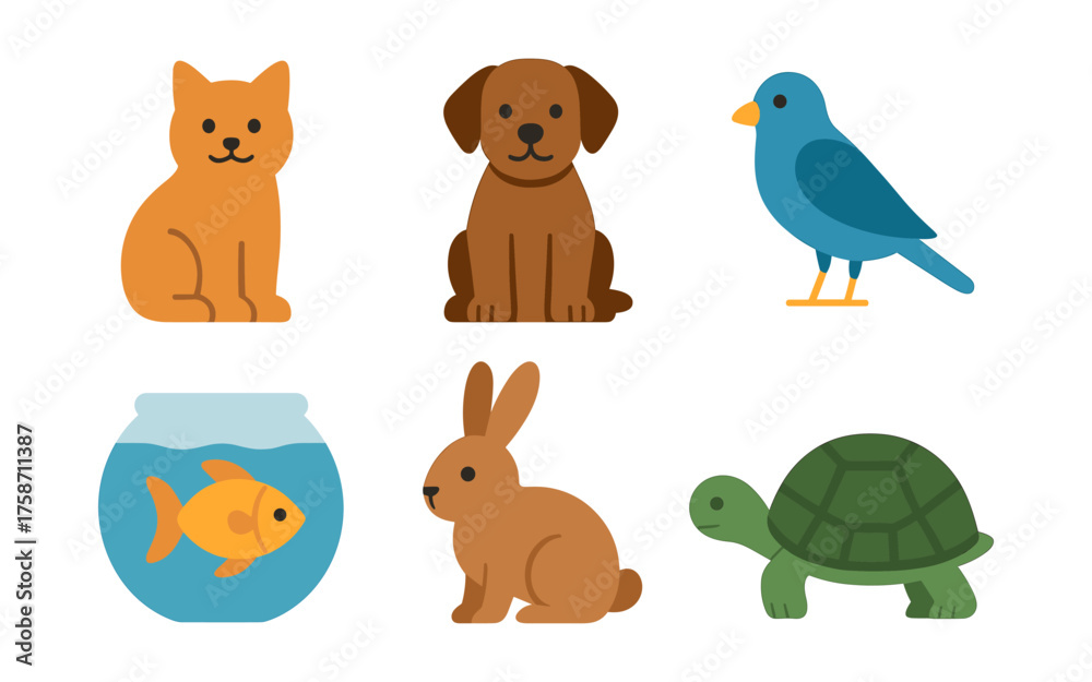 Naklejka premium Colorful flat design illustrations of cute domestic animals