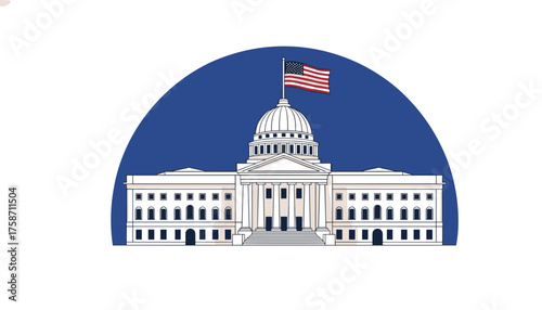 Illustrative United States Capitol Building with American Flag Waving Proudly Against a Patriotic Blue Backdrop, Perfect for Educational Resources or Civic Projects