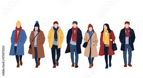 Diverse group confidently walking in stylish winter coats and scarves, perfect for fashion blogs, seasonal campaigns, and modern lifestyle branding