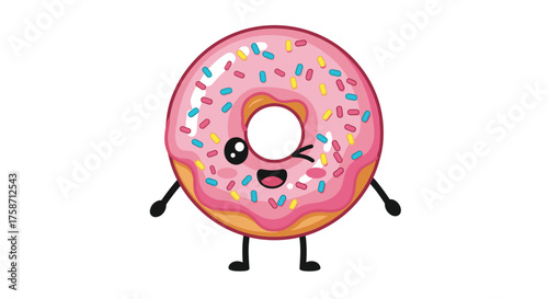 Delightfully sweet pink donut cartoon character winking and smiling cheerfully, perfect for food blogs, fun kids' projects, or vibrant dessert ads