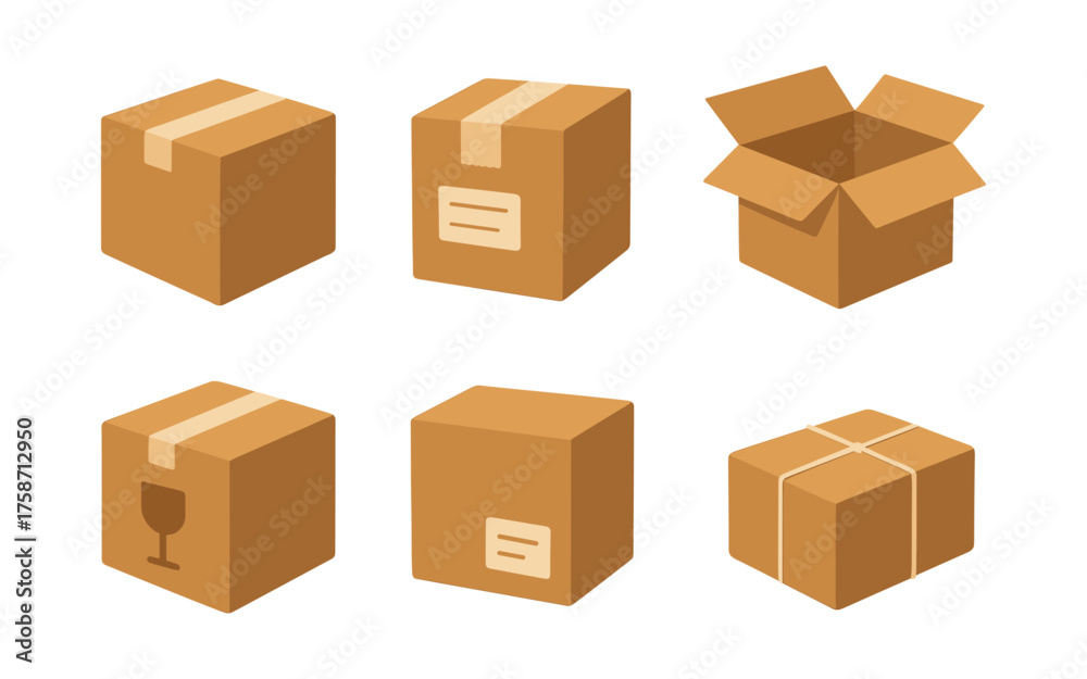 Fototapeta premium Collection of isometric cardboard boxes with varied designs and open lid