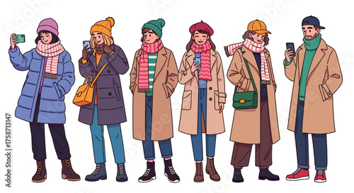 Trendy people looking at phones in stylish winter outfits for fashion blog or social media campaign, showcasing cozy apparel and diverse styles for winter