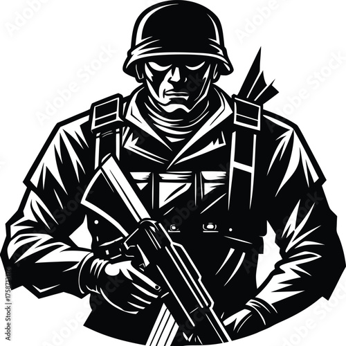 Silhouette of military army with weapons, usa men soldiers with rifle, salute soldier and american veteran. Independence or memorial day background with army soldier silhouette. Pride and honor symbol