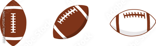 American Football Ball Vector Set. Classic Brown Leather Pigskin Game Equipment for Sport, Championship, or Super Bowl Event Design.