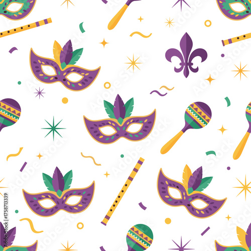 A vibrant seamless pattern featuring Mardi Gras masks maracas and festive decorations.