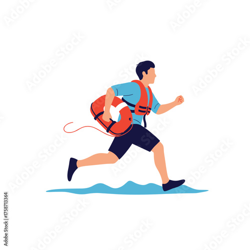 A lifeguard wearing a life vest runs into the water carrying a rescue buoy.
