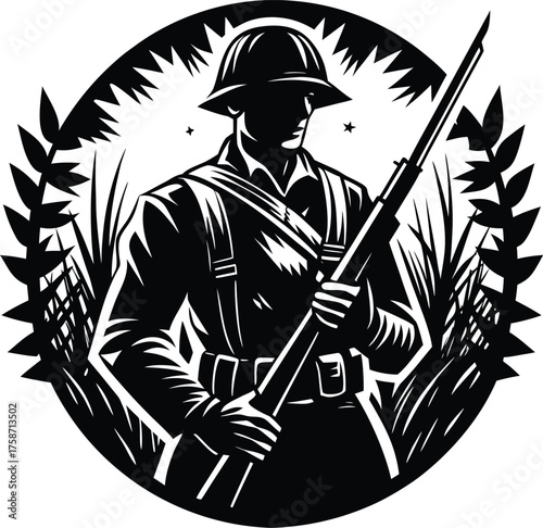 Silhouette of military army with weapons, usa men soldiers with rifle, salute soldier and american veteran. Independence or memorial day background with army soldier silhouette. Pride and honor symbol