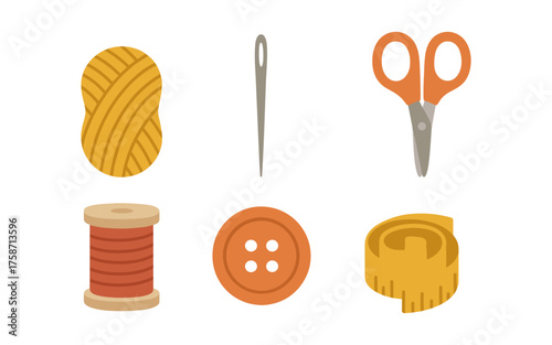 Crafting essentials: yarn, needle, scissors, thread, button, tape measure in flat design