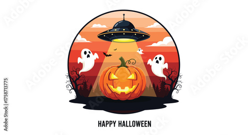 Spooky Halloween night with grinning pumpkin, eerie ghosts, and mysterious UFO beaming down light in a surreal, atmospheric scene - perfect for holiday fun
