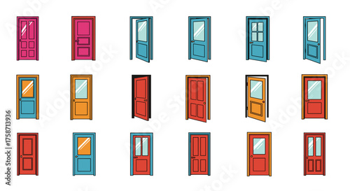 Vibrant cartoon doorway collection showing open and closed options for creative design projects needing access or transition metaphors with colorful retro doors