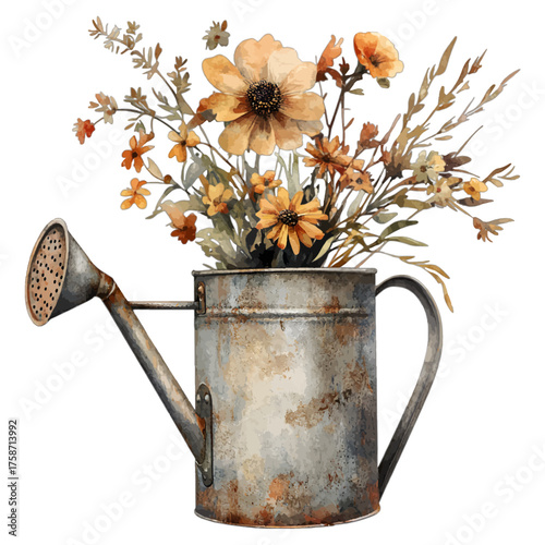 Rustic Watercolor Watering Can with Autumn Flowers: Vintage Farmhouse Clipart
