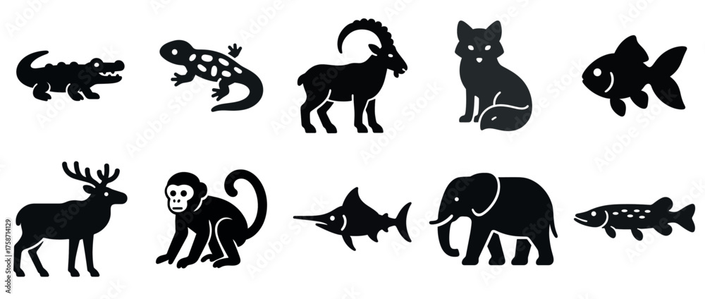 Naklejka premium Silhouettes of diverse animals: reptiles, mammals, and fish in black silhouette