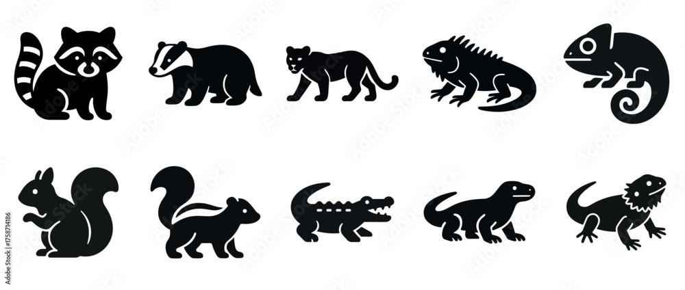 Obraz premium Silhouette icons of various animals including raccoon, squirrel, iguana, and chameleon