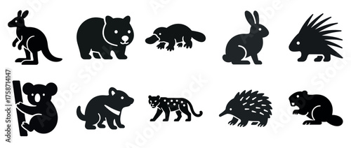 Silhouette icons of australian animals: kangaroo, wombat, platypus, koala, tasmanian devil, quokka