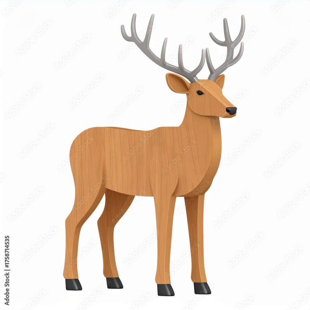 Obraz premium Wooden Carved Deer Sculpture with Antlers Isolated on White Background