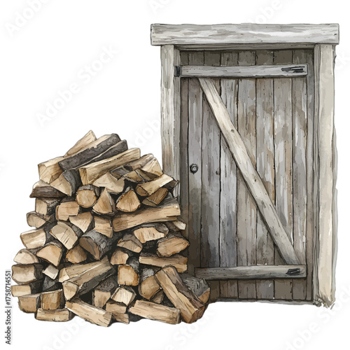 Rustic Watercolor Woodpile with Wooden Door: Cozy Farmhouse Clipart
