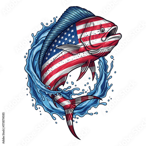 American mahi mahi with stars and stripes splashing out of water art