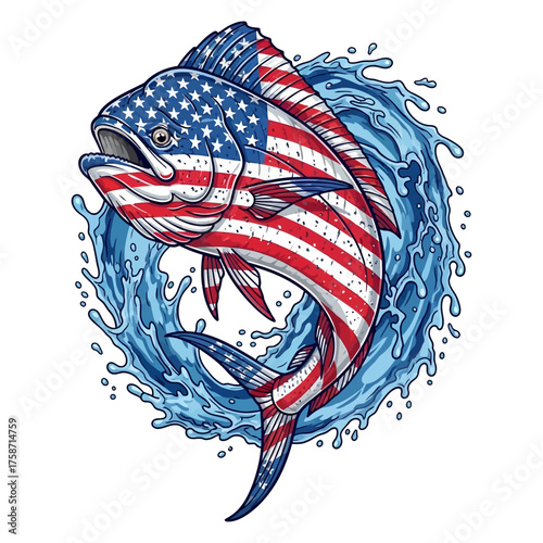 American mahi mahi with stars and stripes splashing out of water art