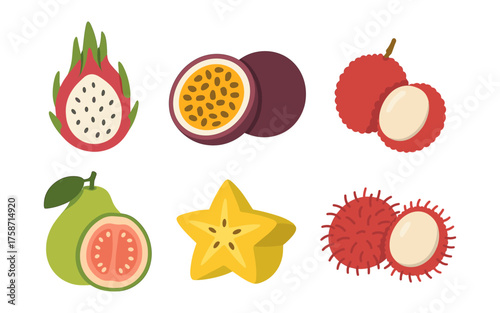 Colorful tropical fruit set in flat design for health and nutrition themes