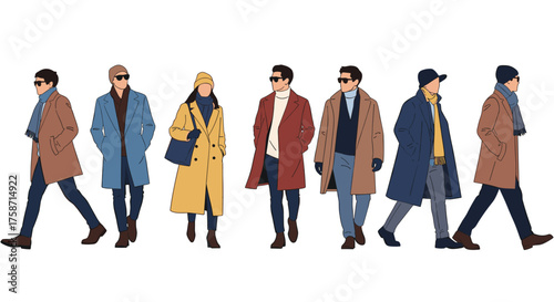 Stylish diverse group in trendy coats and hats walking together, showcasing modern urban fashion and autumn apparel, ideal for lifestyle and retail campaigns