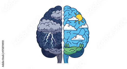 Visualize your mental health with this brain graphic, representing positive and negative thoughts, perfect for psychology, mindfulness, or therapy content