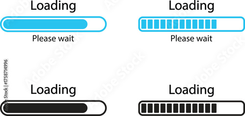 Loading Progress Bar Vector Set. Blue and Black Graphic Design Elements for Web, App, or Download Process with  Please Wait  Text.