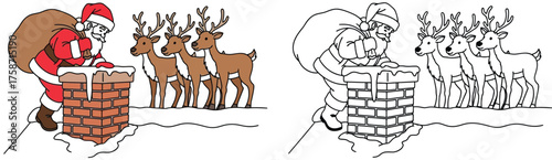 Santa Claus with Reindeer on a Snowy Rooftop - Christmas Holiday Cartoon Illustration