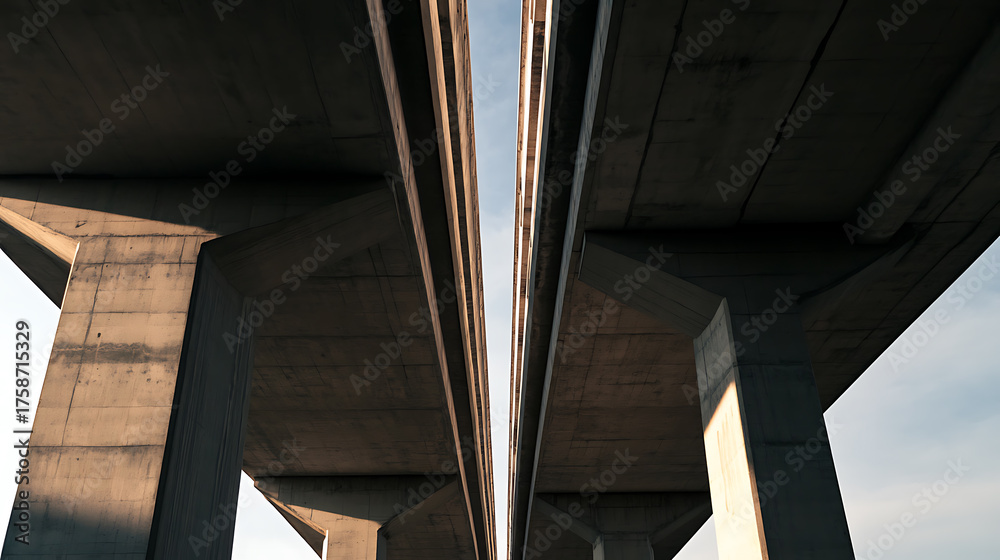 Fototapeta premium A low-angle perspective captures the symmetrical concrete forms of a structure against a bright sky, showcasing architectural symmetry and minimalist urban design.