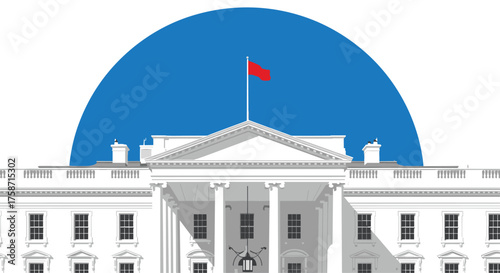 Striking vector of the White House with a bold red flag against a bright blue sky, perfect for political commentary, historical content, and governmental promotions
