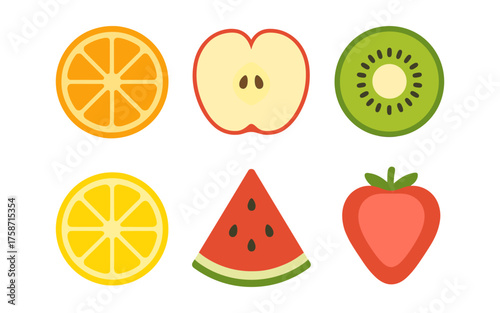 Colorful flat fruit icons: orange, apple, kiwi, lemon, watermelon, strawberry