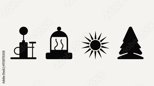 Set of four black silhouette icons representing camping and nature elements