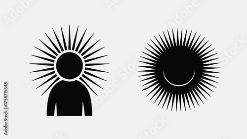 Two abstract black silhouette figures with radiating lines on a light gray background