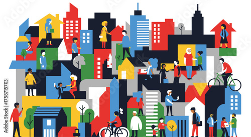 Vibrant community illustration showing diverse people connecting in a colorful city, perfect for urban planning, social services, and neighborhood outreach campaigns
