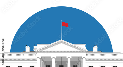 Iconic White House illustration with waving red flag for impactful presentations and political commentary, evoking American democracy and government power